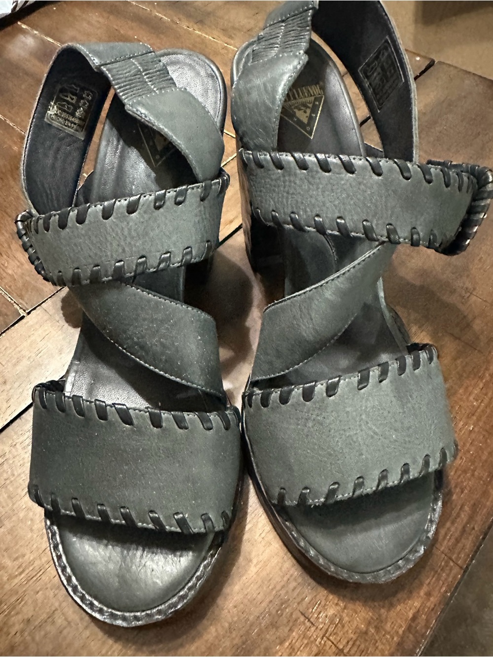 John Fluevog Gray Leather Crisscross Strap Sandals